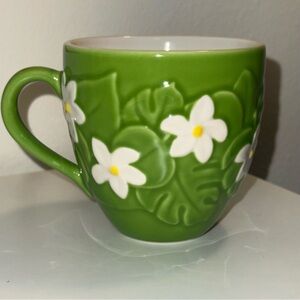 Vintage Starbucks Tropical Mug - 2006 White Flowers & Green Monstera Leaves
